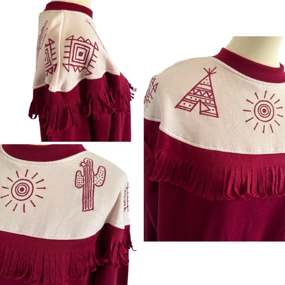Vintage Gitano Red Aztec Fringe Collar BOHO Western Long Sleeve Sweater Size M - Picture 4 of 13